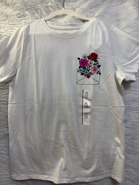 White Tee with Floral Envelope Graphic
